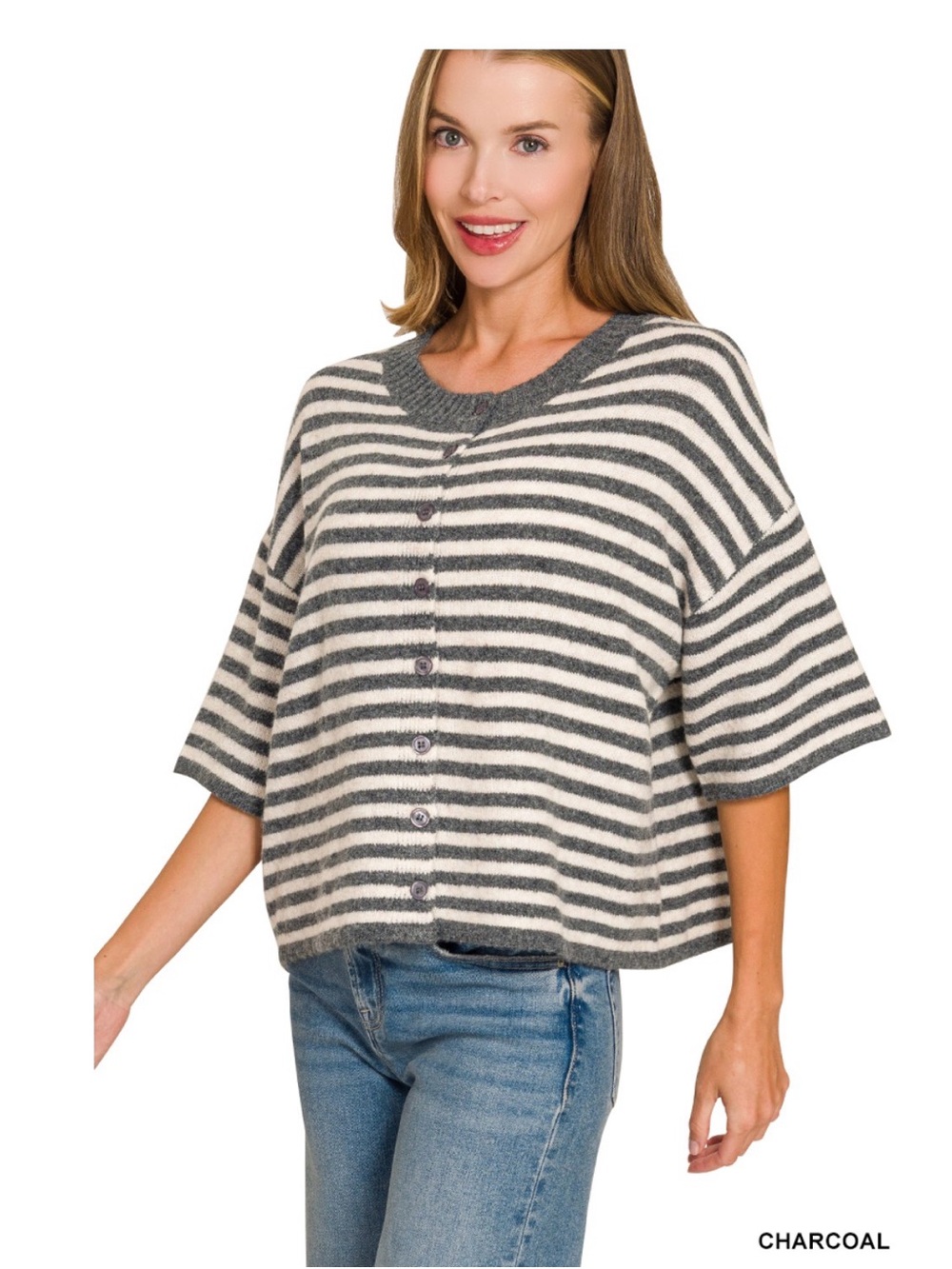 Zenana Charcoal Stripe Button-Front Women's Sweater